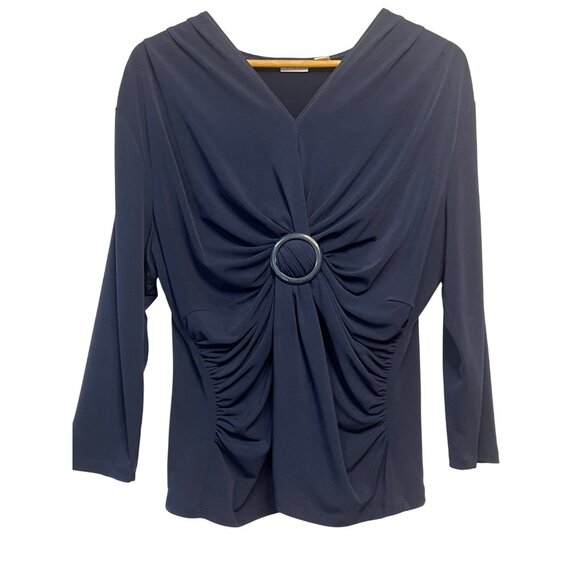 Cato Women Navy Blue V-Neck Ruched Top W/ Ring Detail XL Minimalist Comfortable - Picture 10 of 16